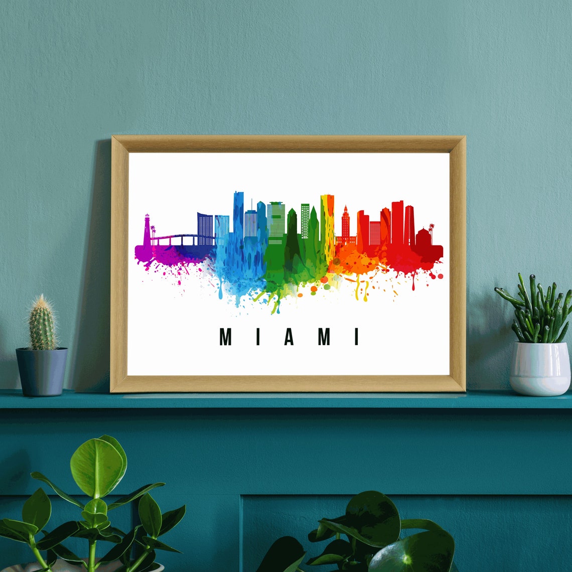 Miami Florida Rainbow Watercolor Skyline Cityscape Modern Wall Poster - Image 3