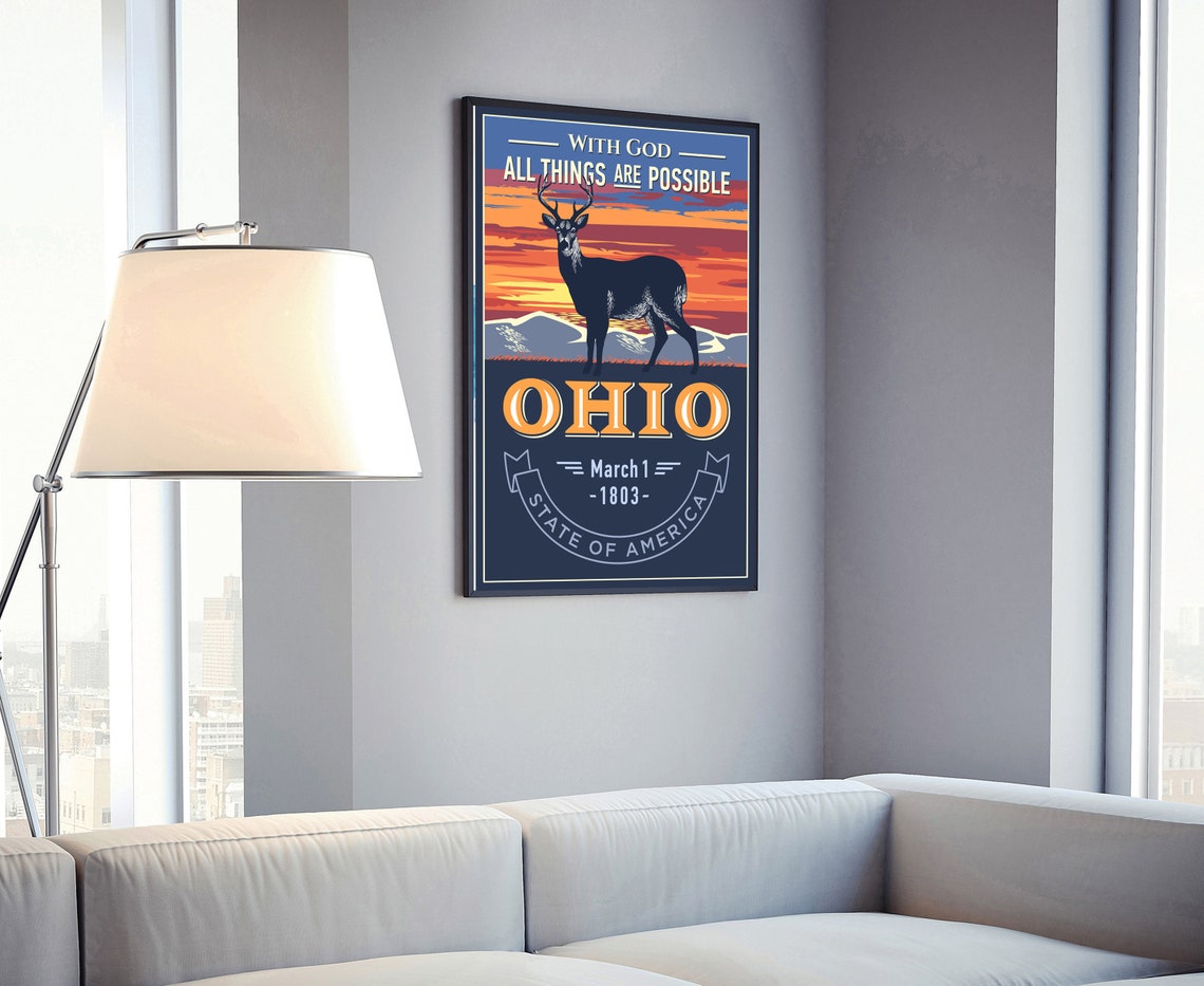 Ohio With God All Things Are Possible Deer Sunset State Poster Vintage - Image 4