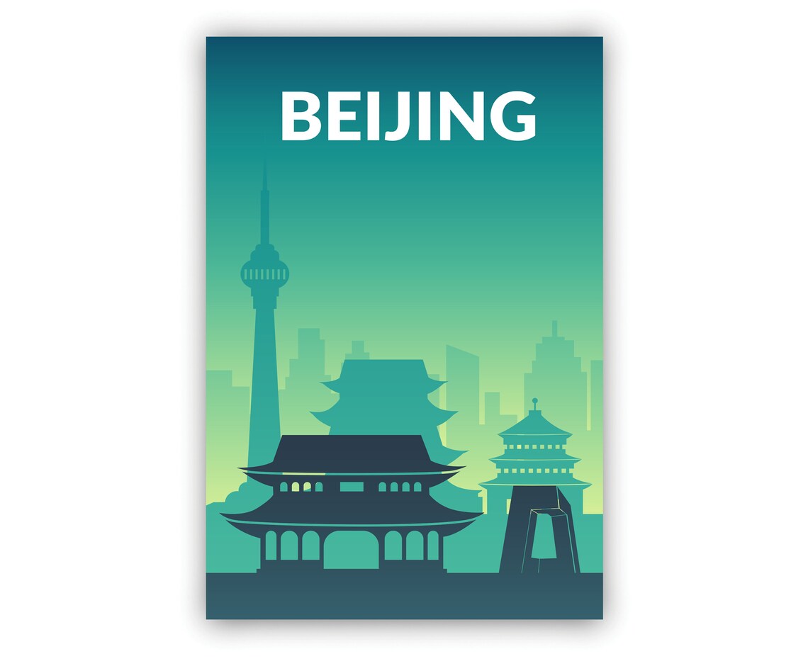 Beijing China Pagoda Tower Skyline Teal Minimalist Travel Poster Art - Image 2