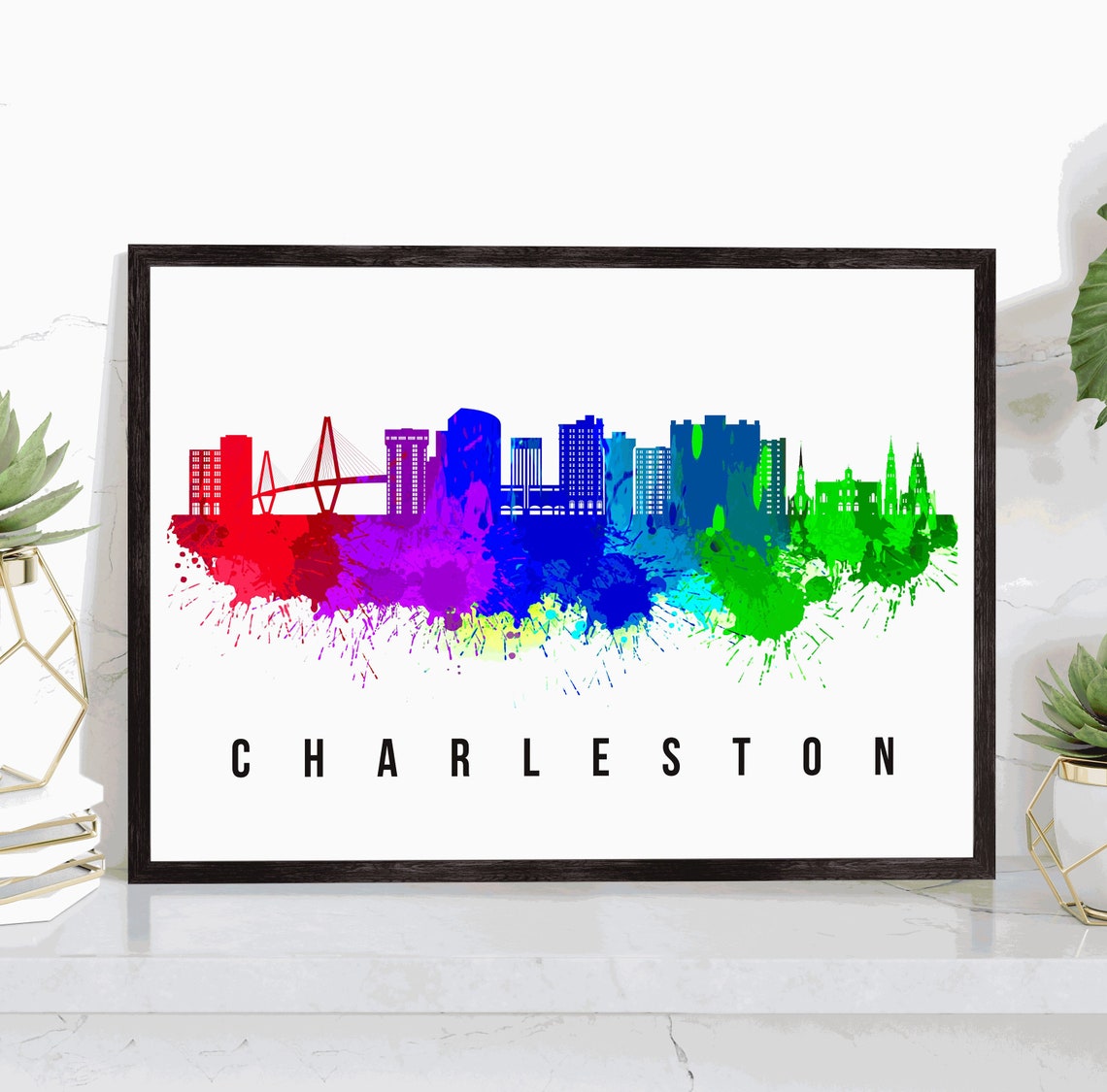 Charleston South Carolina Rainbow Watercolor Bridge Skyline Poster