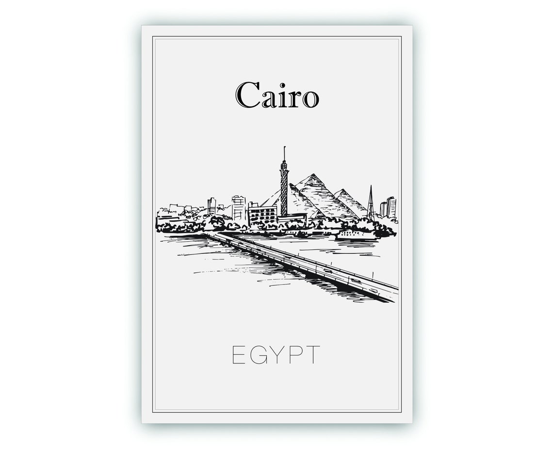 Cairo Egypt Giza Pyramids Skyline Nile Bridge Sketch Art Poster - Image 2