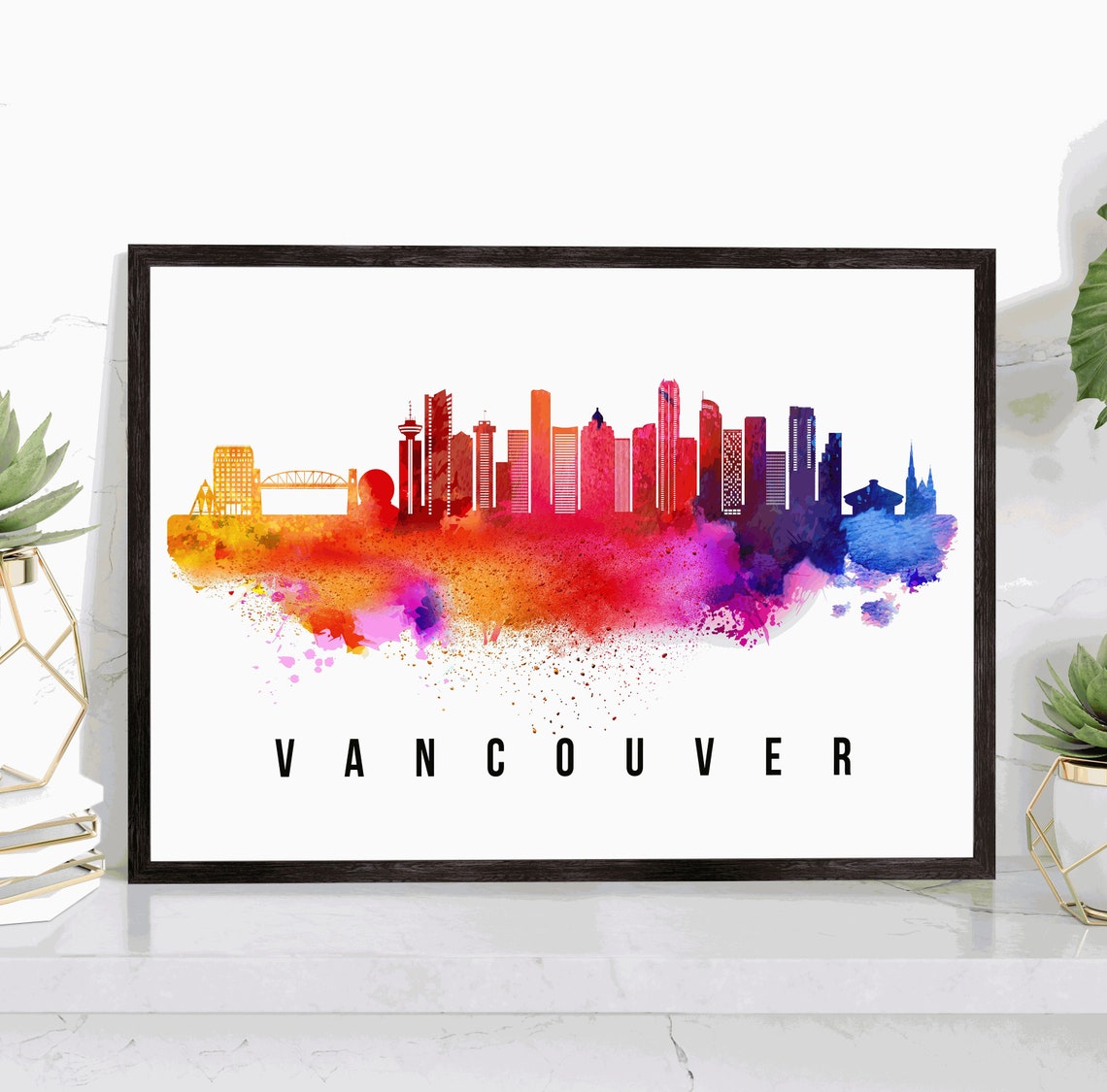 Vancouver Canada Rainbow Watercolor Skyline Sunset Glow Travel Poster