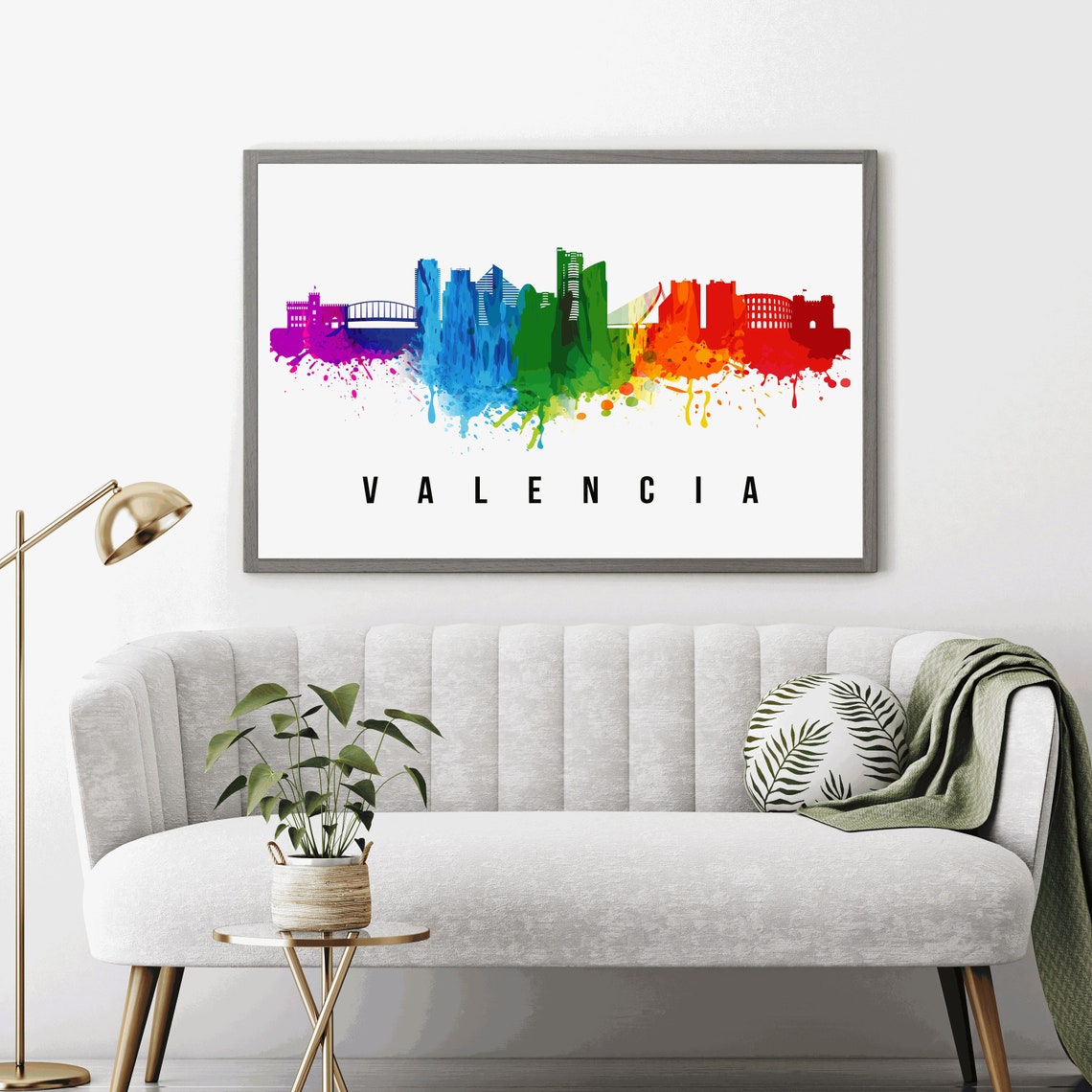 Valencia Spain Rainbow Watercolor Skyline Silhouette Art Poster - Image 4
