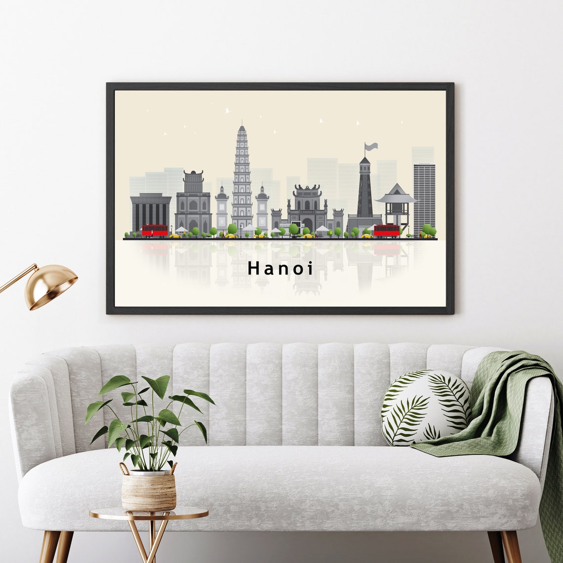 Hanoi Vietnam Historic Skyline Gray Flat Vector Travel Poster
