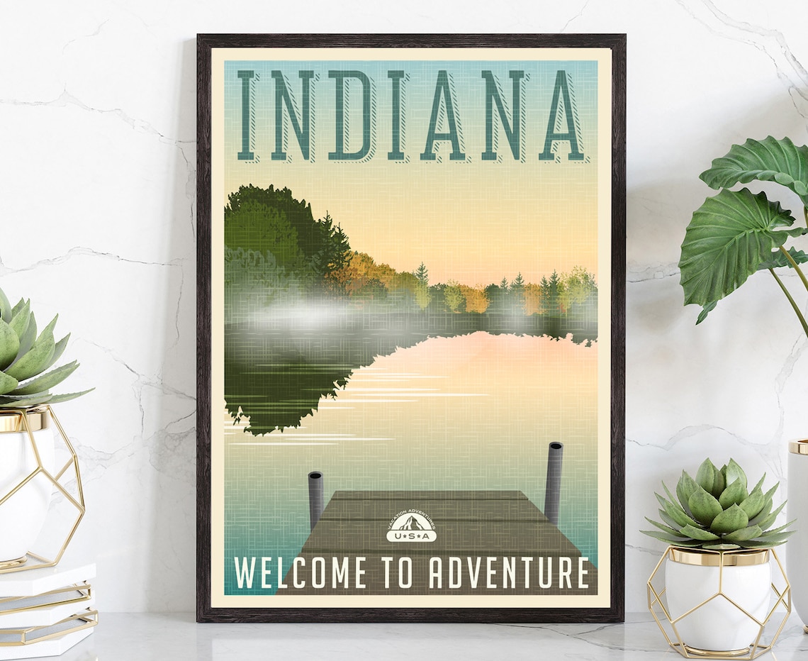 Indiana Welcome to Adventure Lake Dock Autumn Sunrise Vintage Poster