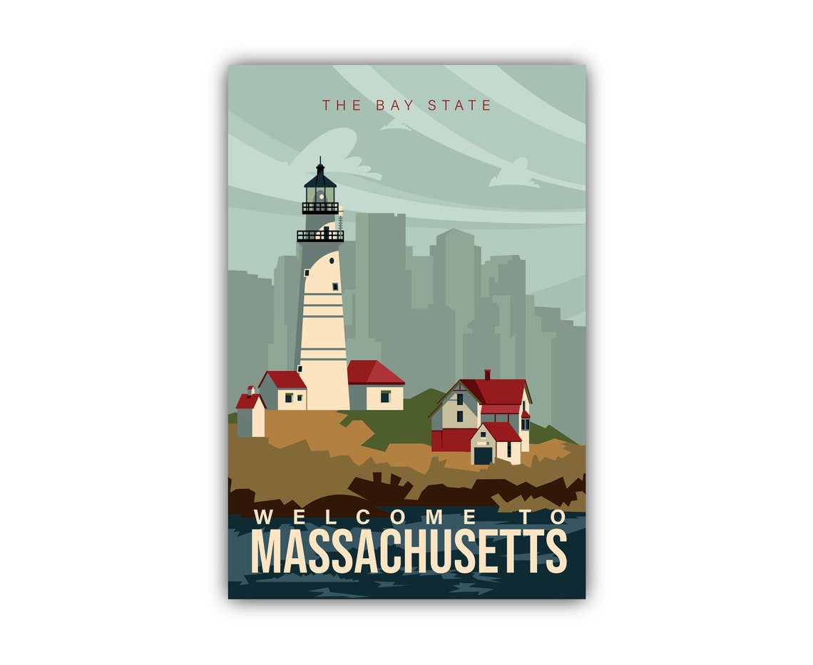 Massachusetts Lighthouse Bay State Coast Retro Vintage Travel Poster - Image 2
