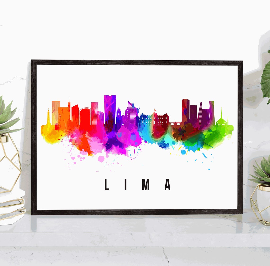 Lima Peru Rainbow Watercolor Skyline Cityscape Art Wall Poster