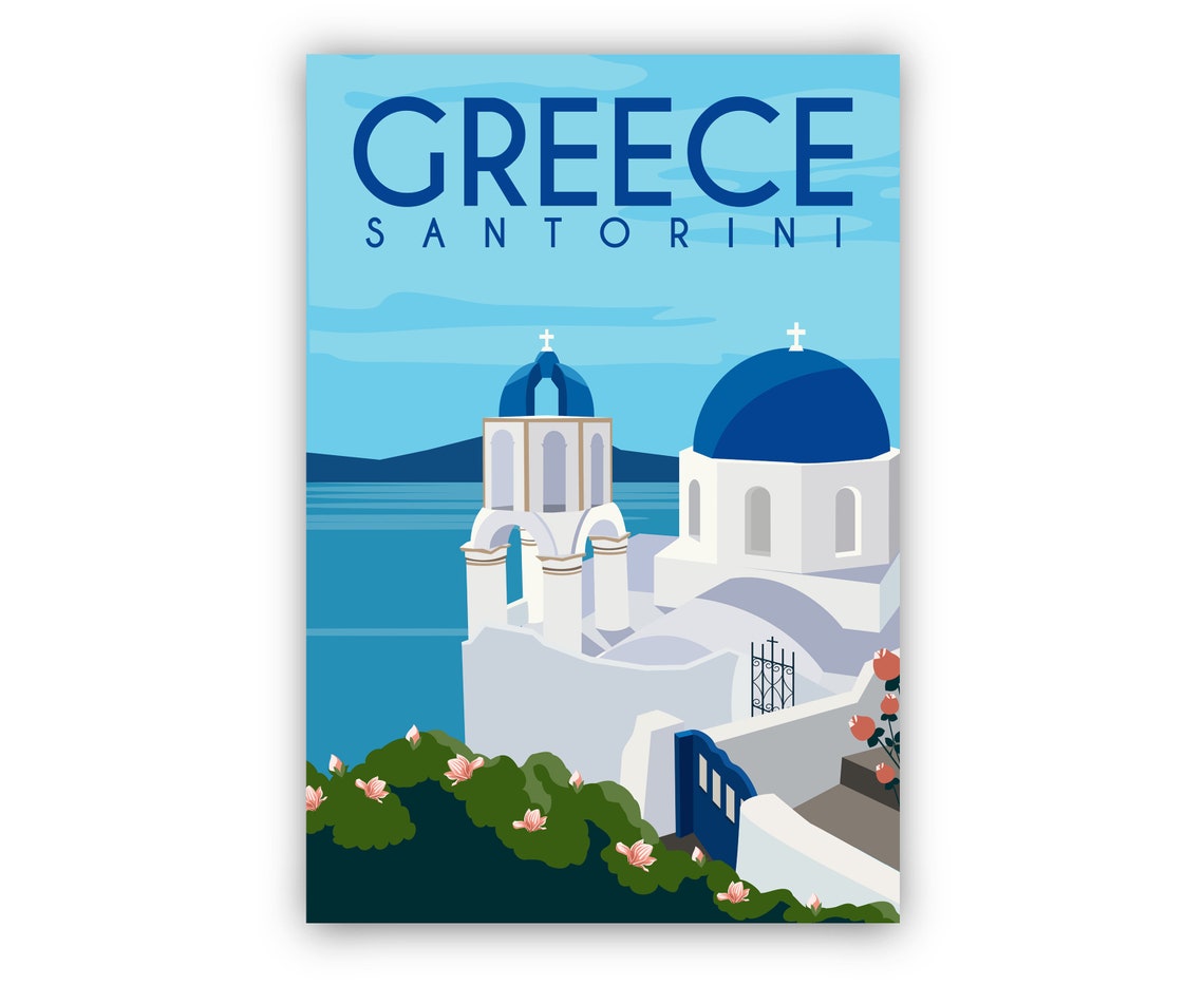 Santorini Greece Blue Domes Oia Church Caldera Retro Travel Poster - Image 2