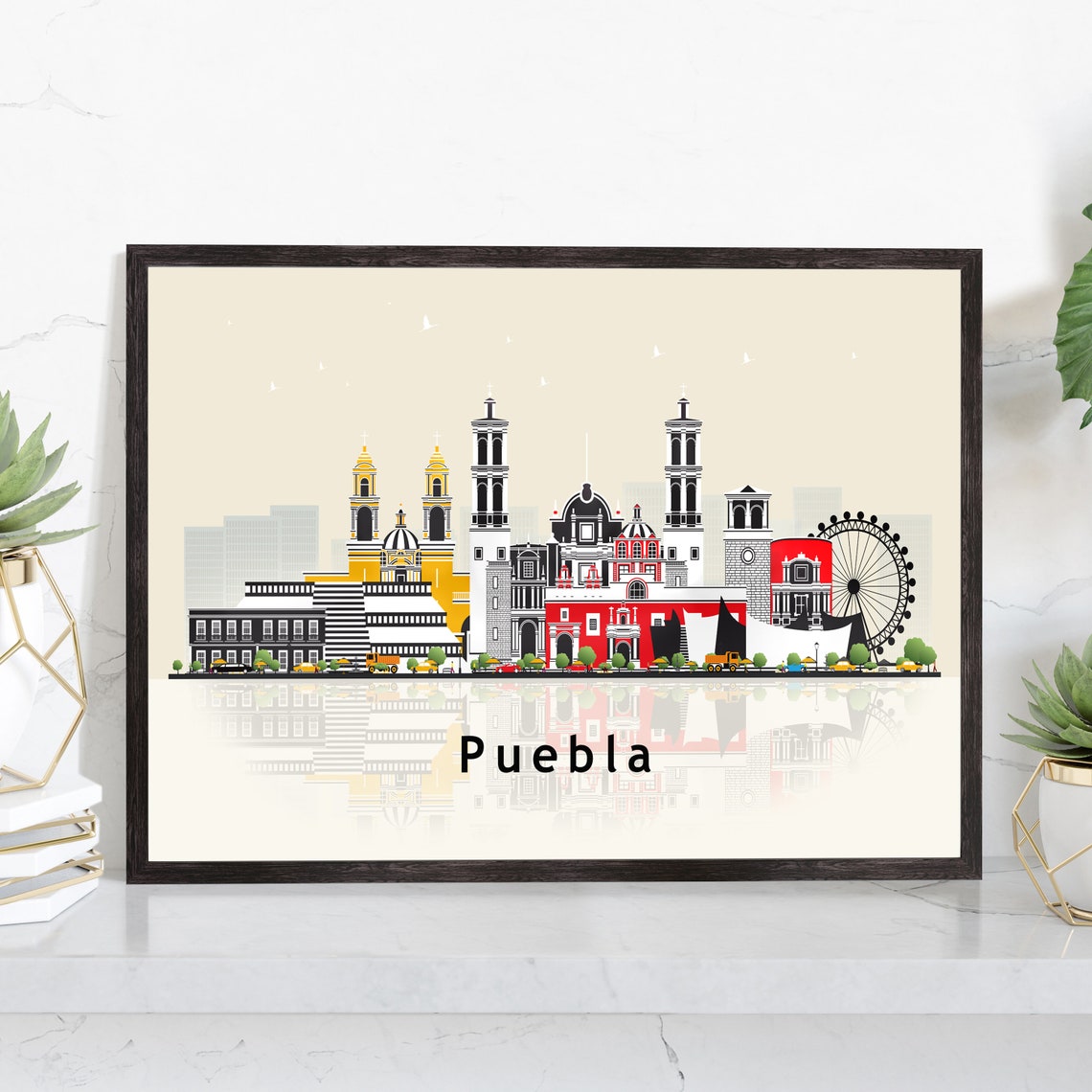 Puebla Mexico Cathedral Skyline Illustration Reflection Wall Art