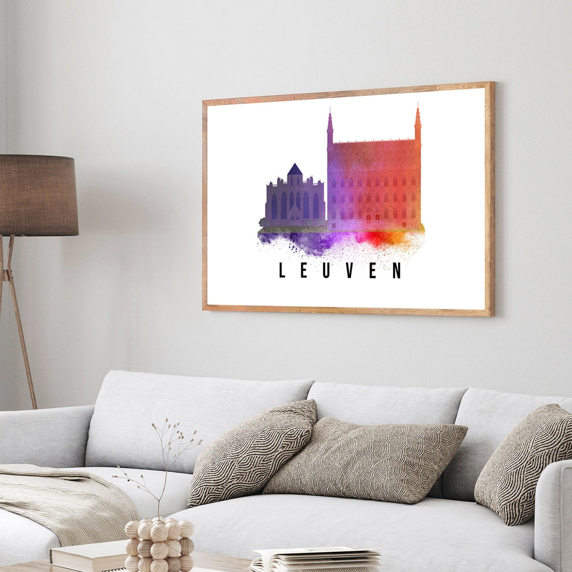 Leuven Belgium Purple Orange Watercolor Skyline Landmarks Poster - Image 3