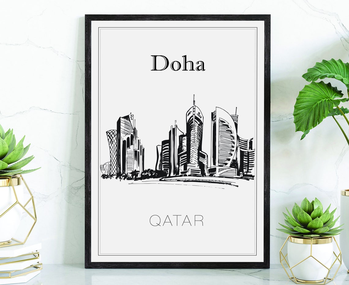 Doha Qatar Hand Drawn Skyline Sketch Black White Line Art Poster