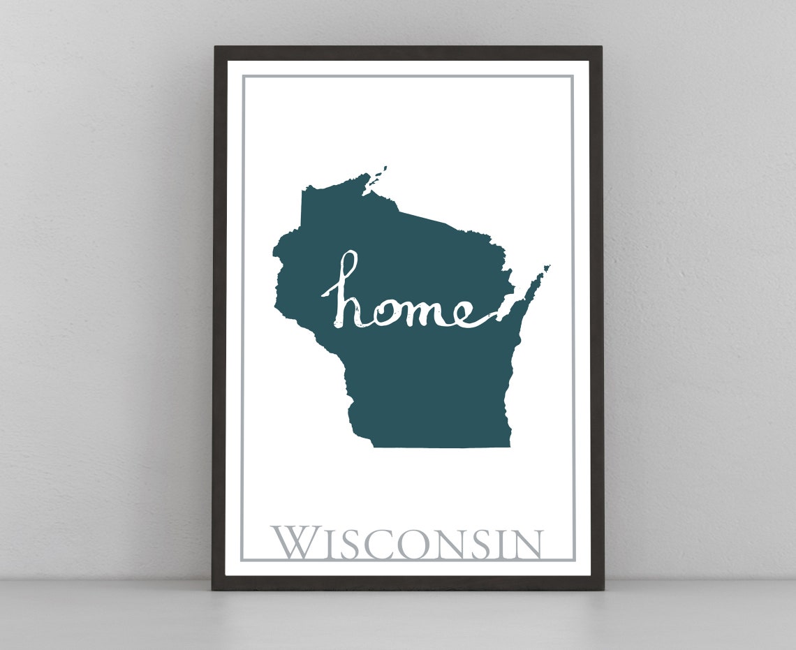 Wisconsin Modern Minimalist Teal Home Script Silhouette Wall Art