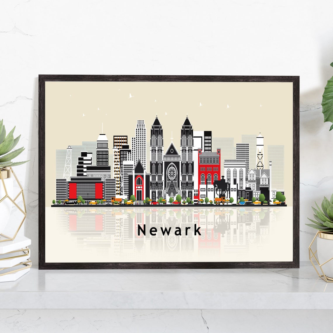 Newark New Jersey Retro Vector Skyline Water Reflection Poster