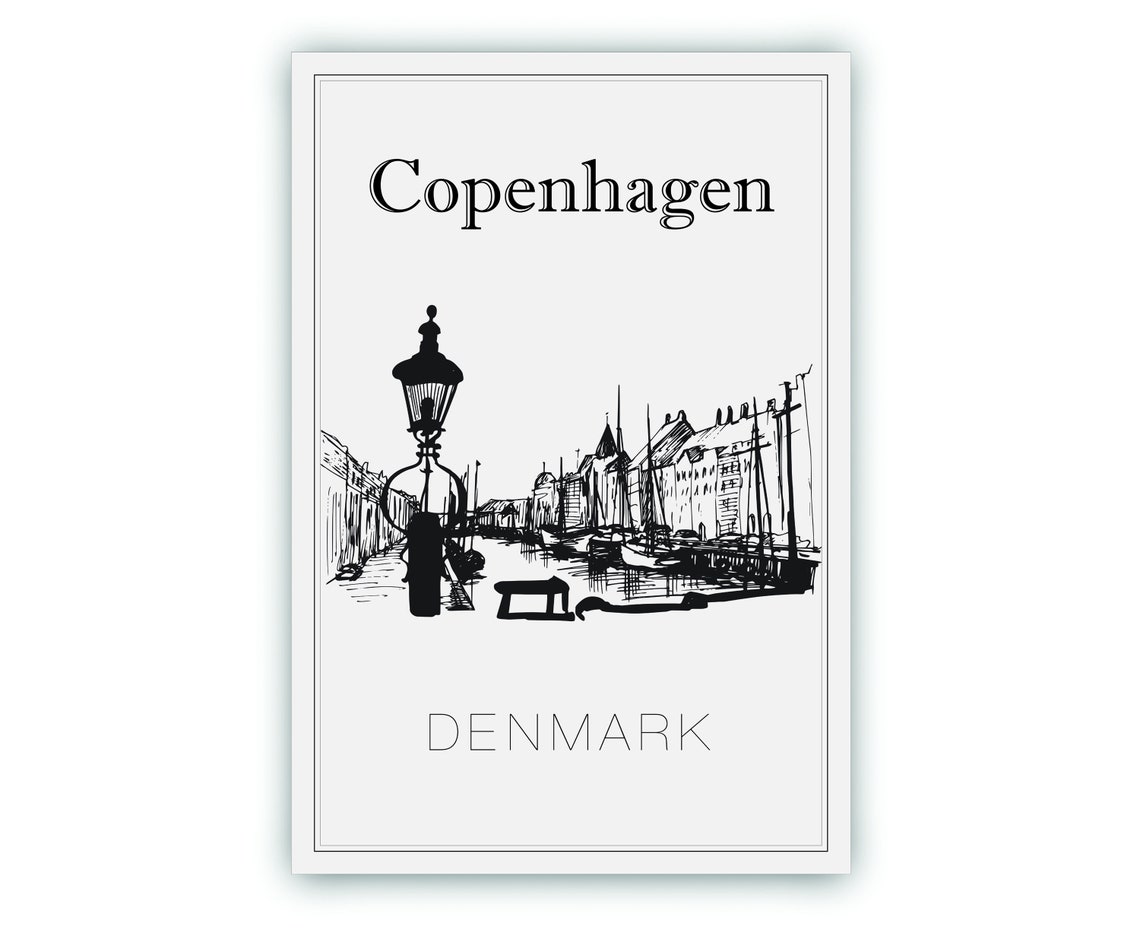 Copenhagen Denmark Nyhavn Harbor Hand Drawn Ink Sketch Travel Poster - Image 2