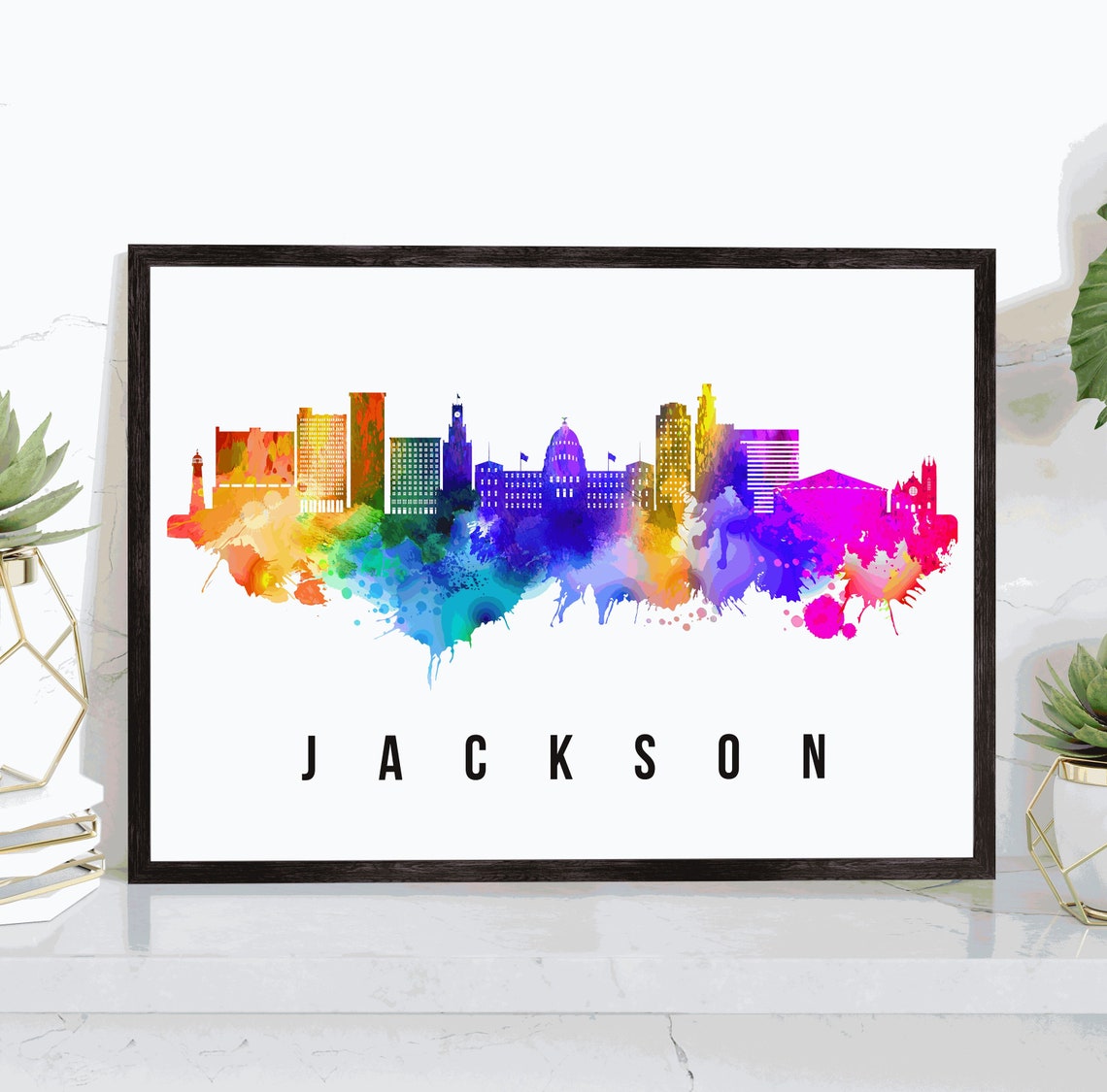 Jackson Mississippi Rainbow Watercolor Skyline Cityscape Art Poster
