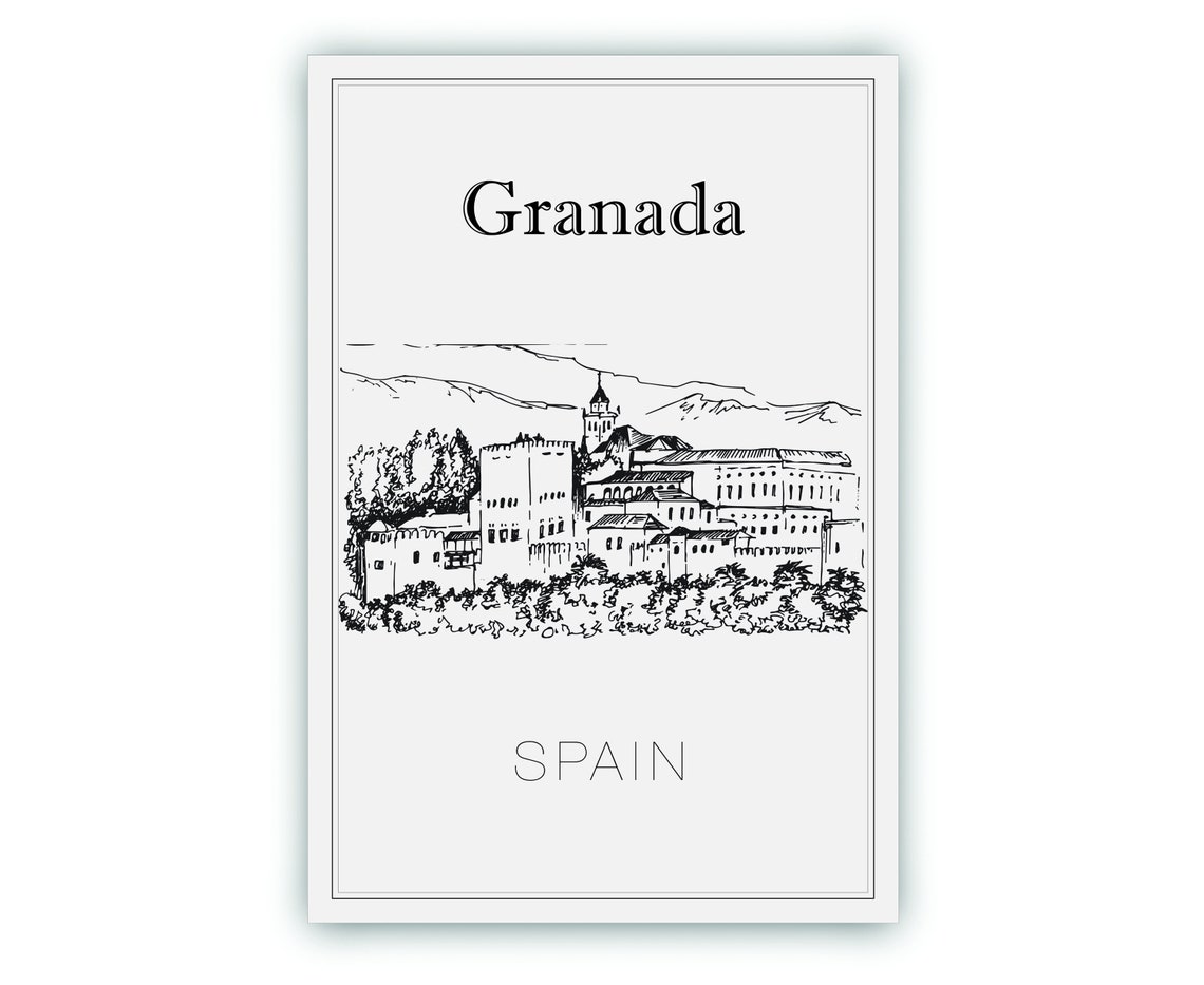 Granada Spain Alhambra Palace Hill Hand Drawn Sketch Travel Poster - Image 2