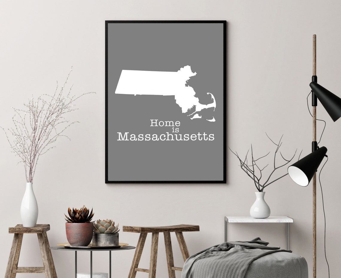 Massachusetts Home Is Gray Minimalist State Map Silhouette Wall Art - Image 3