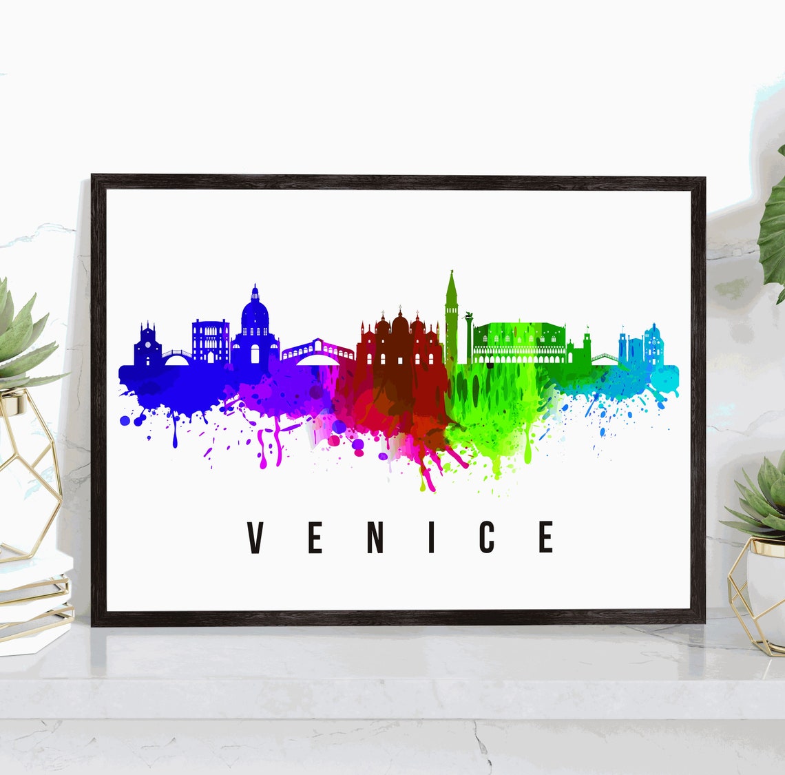 Venice Italy Rainbow Watercolor Canal City Skyline Silhouette Poster