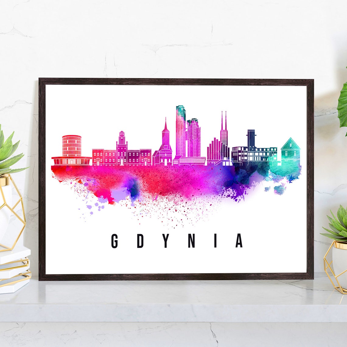 Gdynia Poland Baltic Port Modern Sea Skyline Watercolor Poster