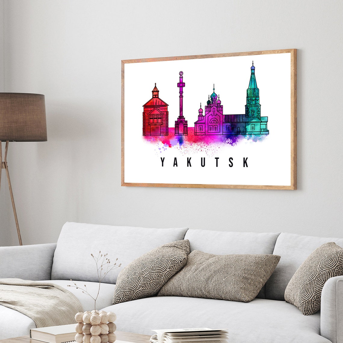 Yakutsk Russia Watercolor Rainbow Church Outline Skyline Art Poster - Image 3
