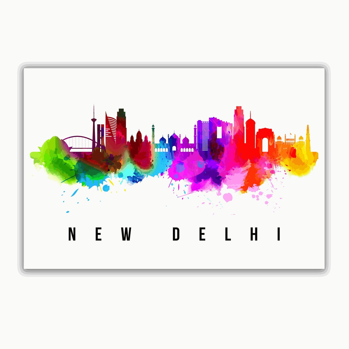 New Delhi India Gate Rainbow Watercolor Skyline Travel Poster - Image 2