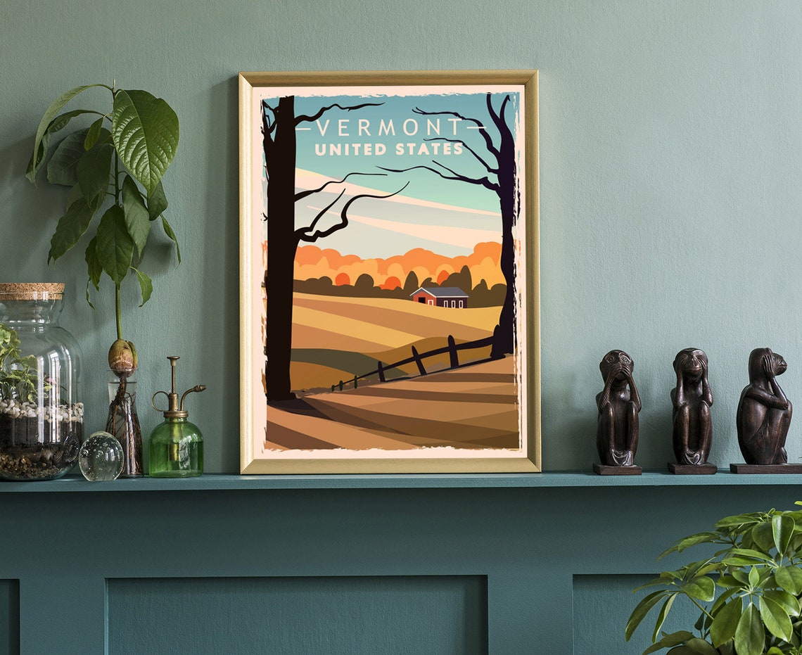 Vermont United States Autumn Farm Red Barn Retro Travel Poster - Image 3