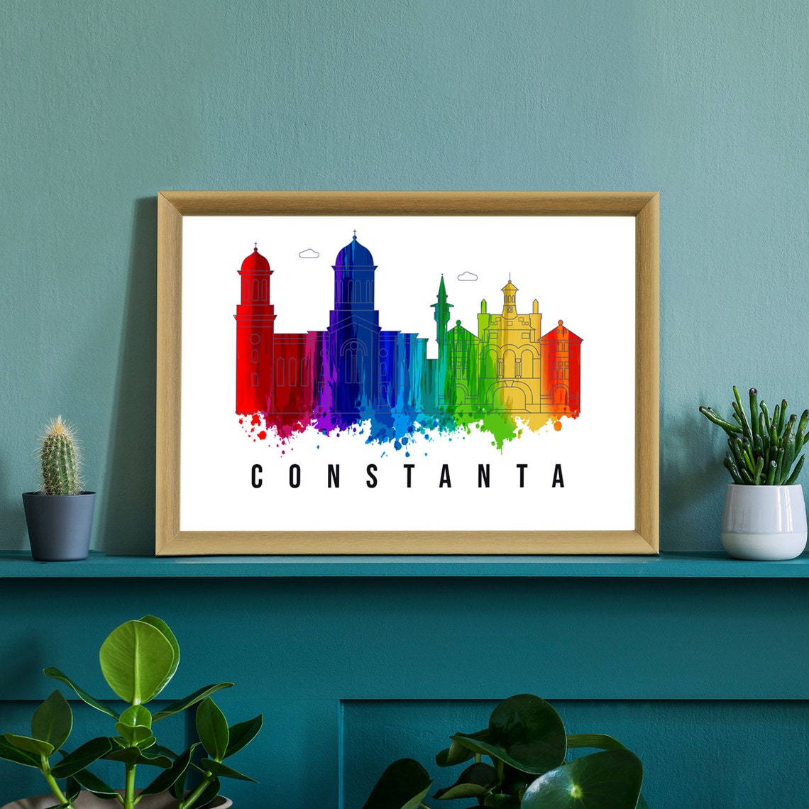 Constanta Romania Rainbow Watercolor Skyline Cathedral Dome Poster - Image 2