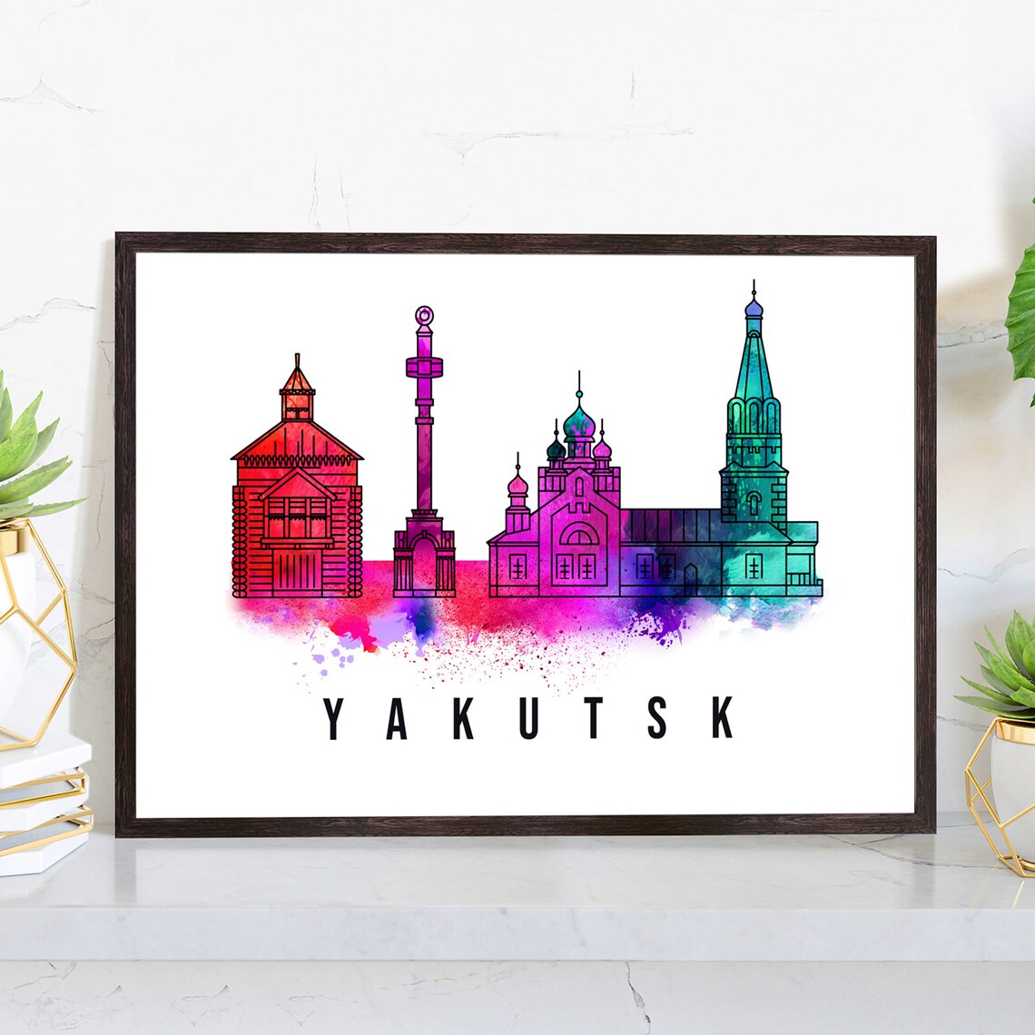 Yakutsk Russia Watercolor Rainbow Church Outline Skyline Art Poster