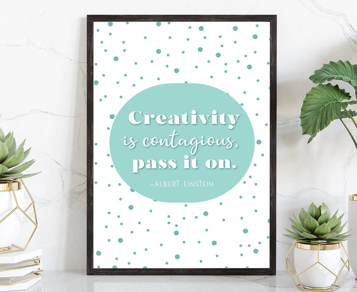 Albert Einstein Creativity Is Contagious Mint Polka Dot Quote Poster