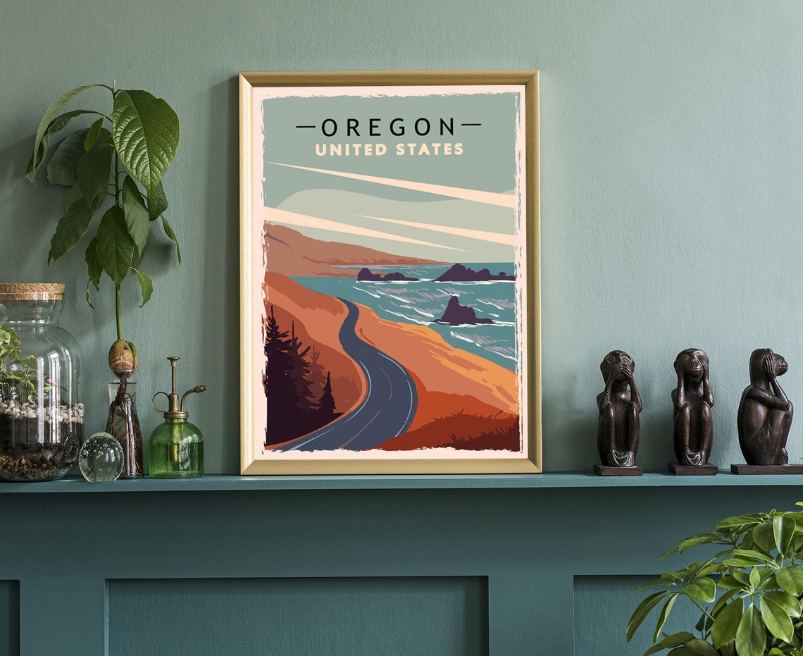 Oregon Coast Cliff Highway Retro Vintage Style Travel Poster - Image 3