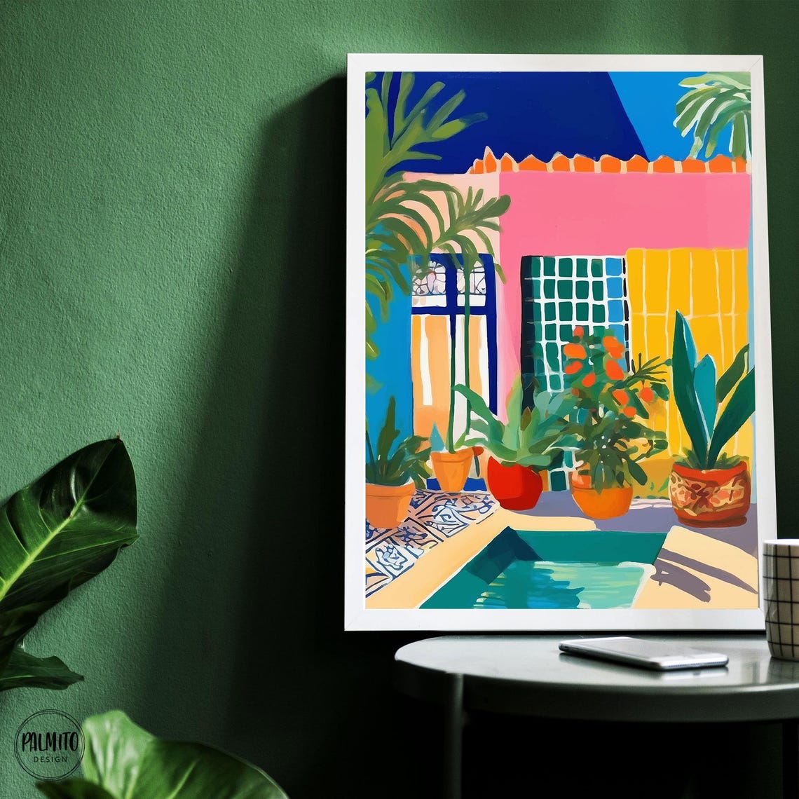 Mediterranean Courtyard Poolside Pink Facade Sunny Art Poster - Image 2