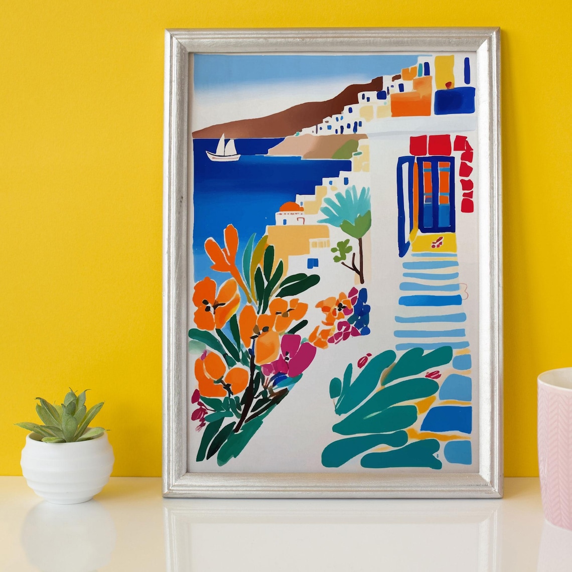 Mykonos Santorini Mediterranean Coastal Landscape Art Print - Image 2