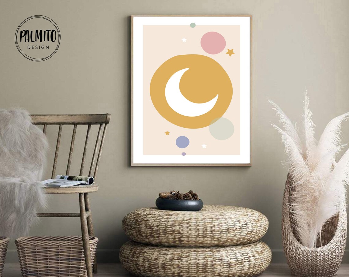 Pastel Moon And Stars Nursery Danish Pastel Minimalist Baby Art Poster - Image 2