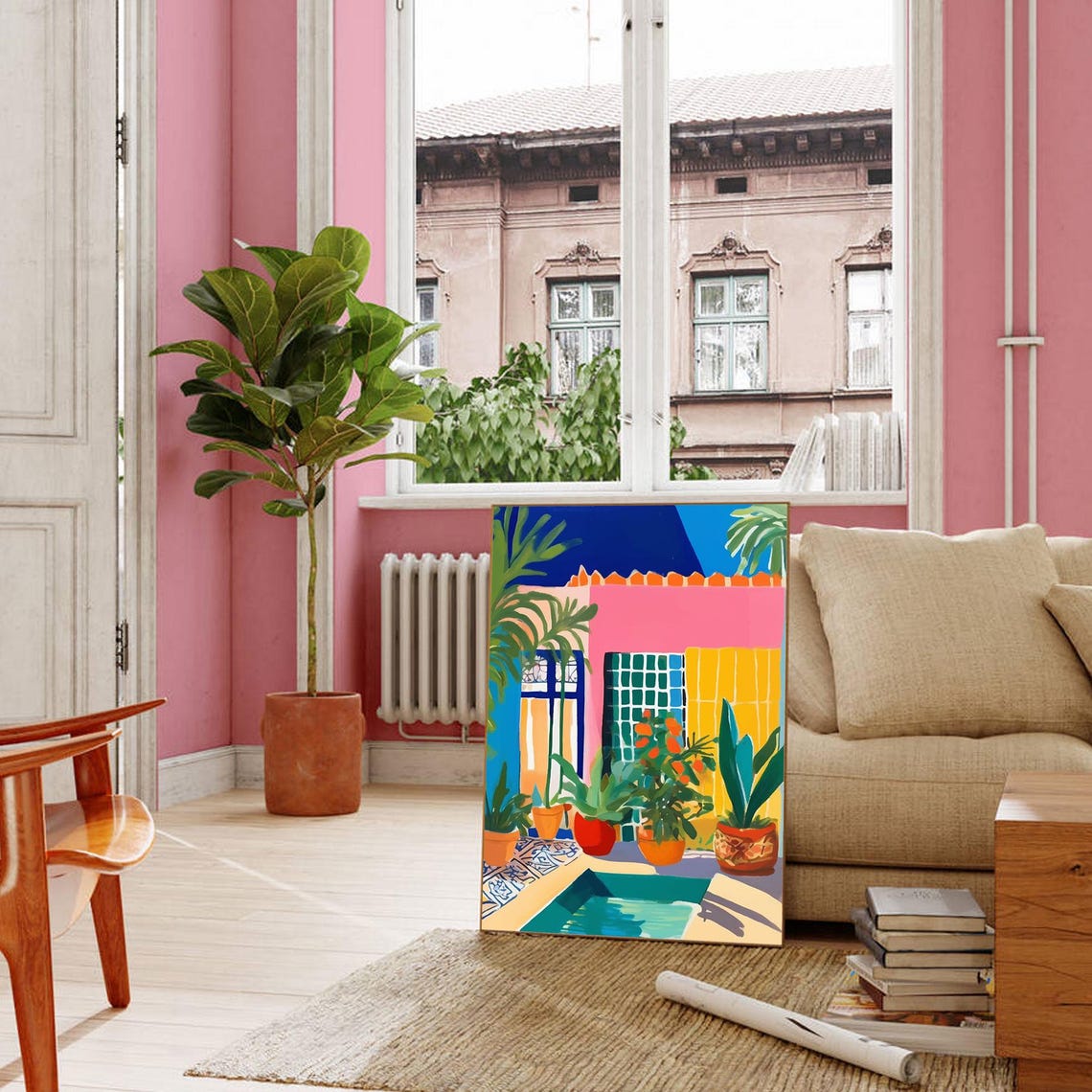 Mediterranean Courtyard Poolside Pink Facade Sunny Art Poster - Image 4