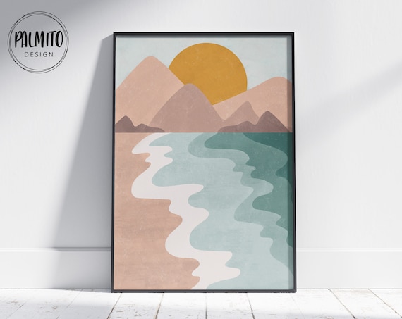 Ochre Sun Blush Mountains Teal Wavy Water Boho Landscape Poster