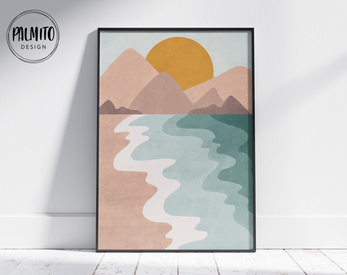 Ochre Sun Blush Mountains Teal Wavy Water Boho Landscape Poster