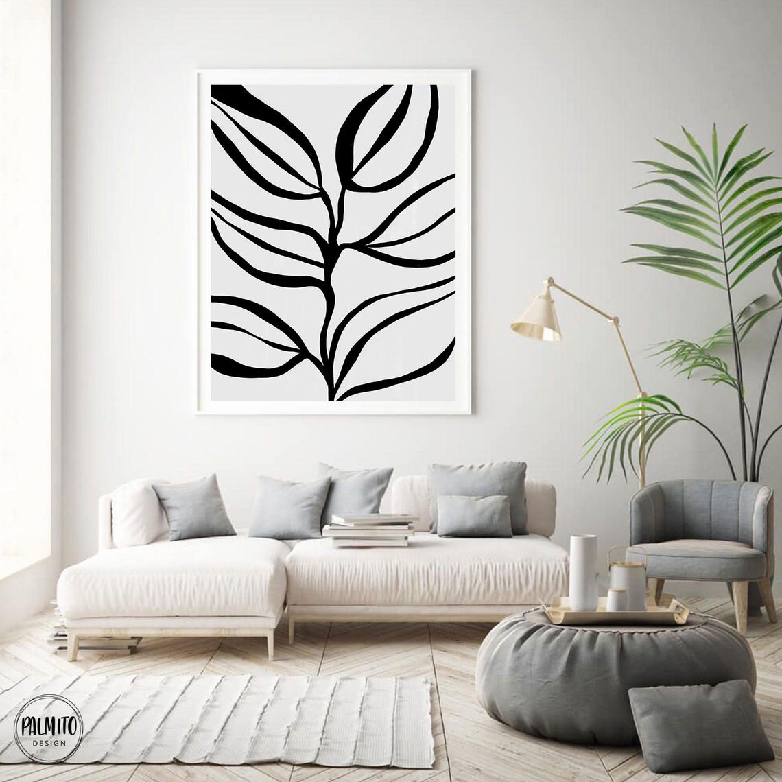 Minimalist Black Line Art Leaves on Cream Botanical Wall Poster - Image 2