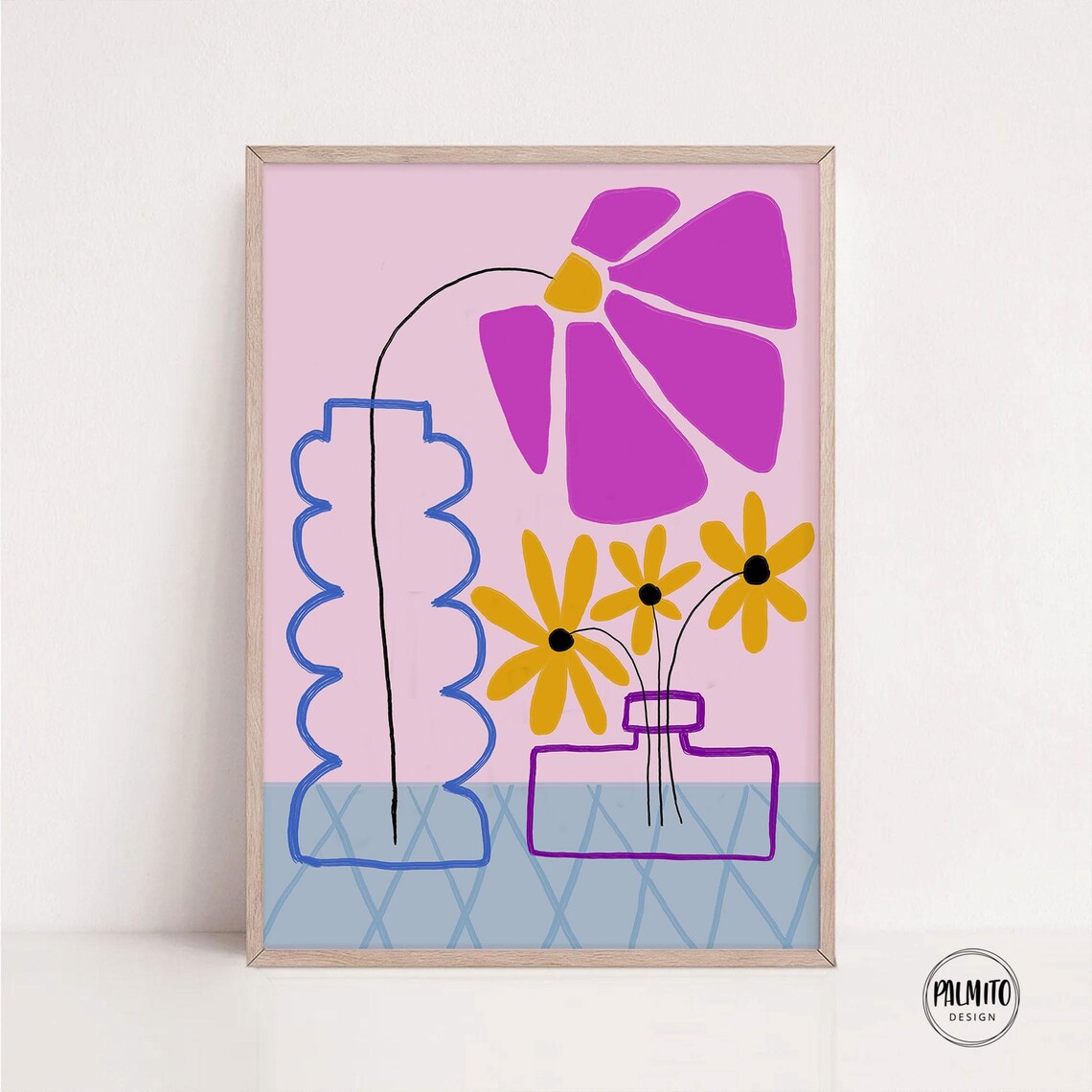 Whimsical Doodle Flowers in Line Vases Pink Pop Art Wall Poster