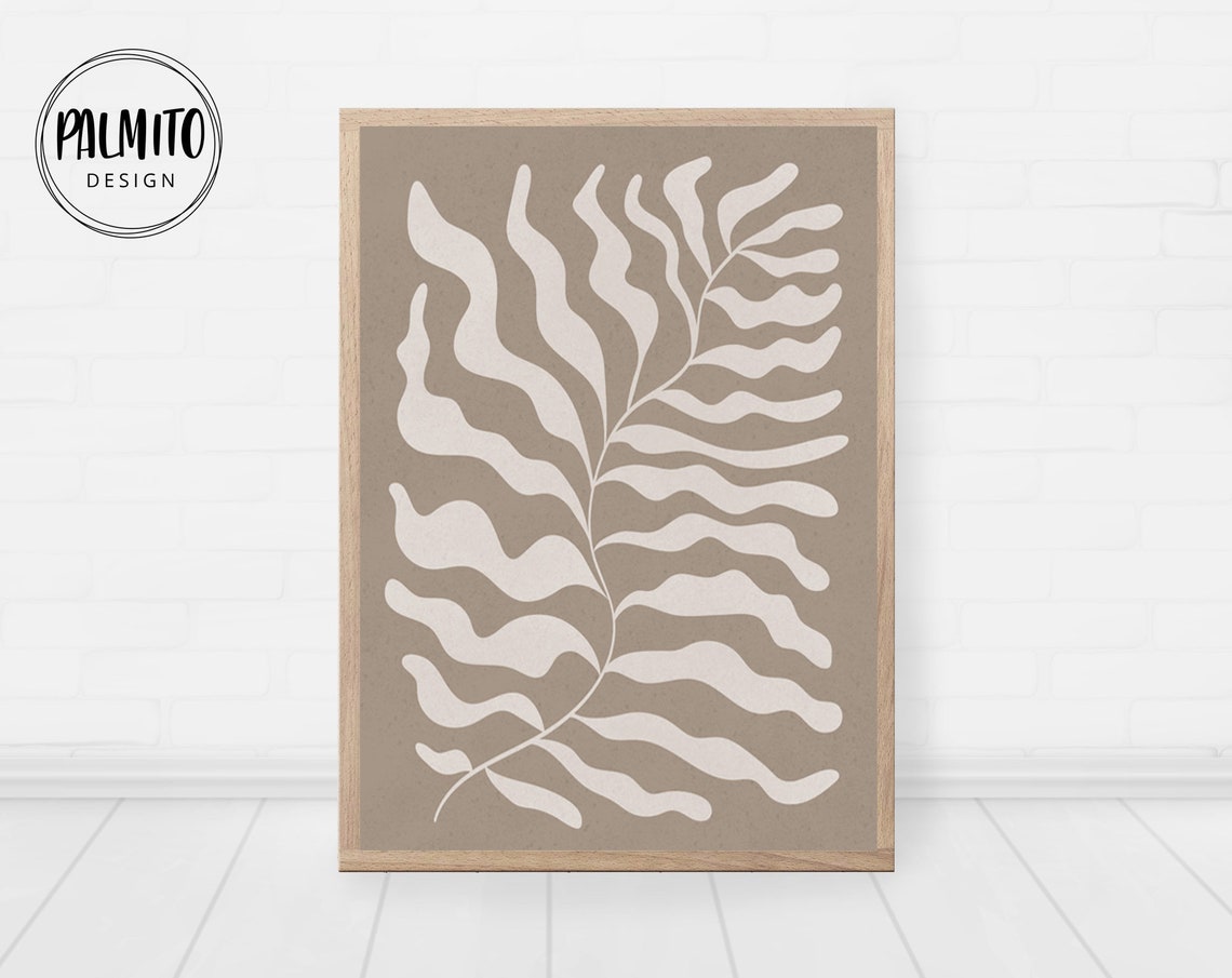 Taupe Leaf Frond Matisse Style Paper Cutout Neutral Beige Wall Art