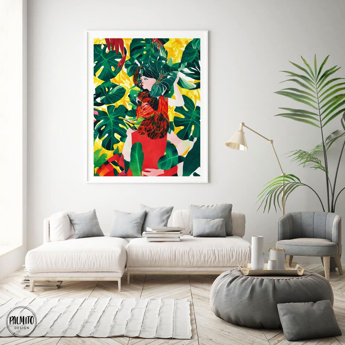 Tropical Woman in Red Among Giant Monstera Leaves Yellow Art Poster - Image 2