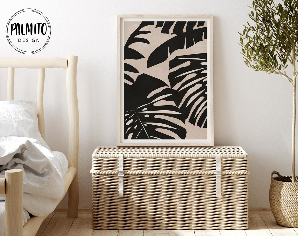 Black Monstera Leaf Silhouettes Beige Bold Botanical Wall Art - Image 2