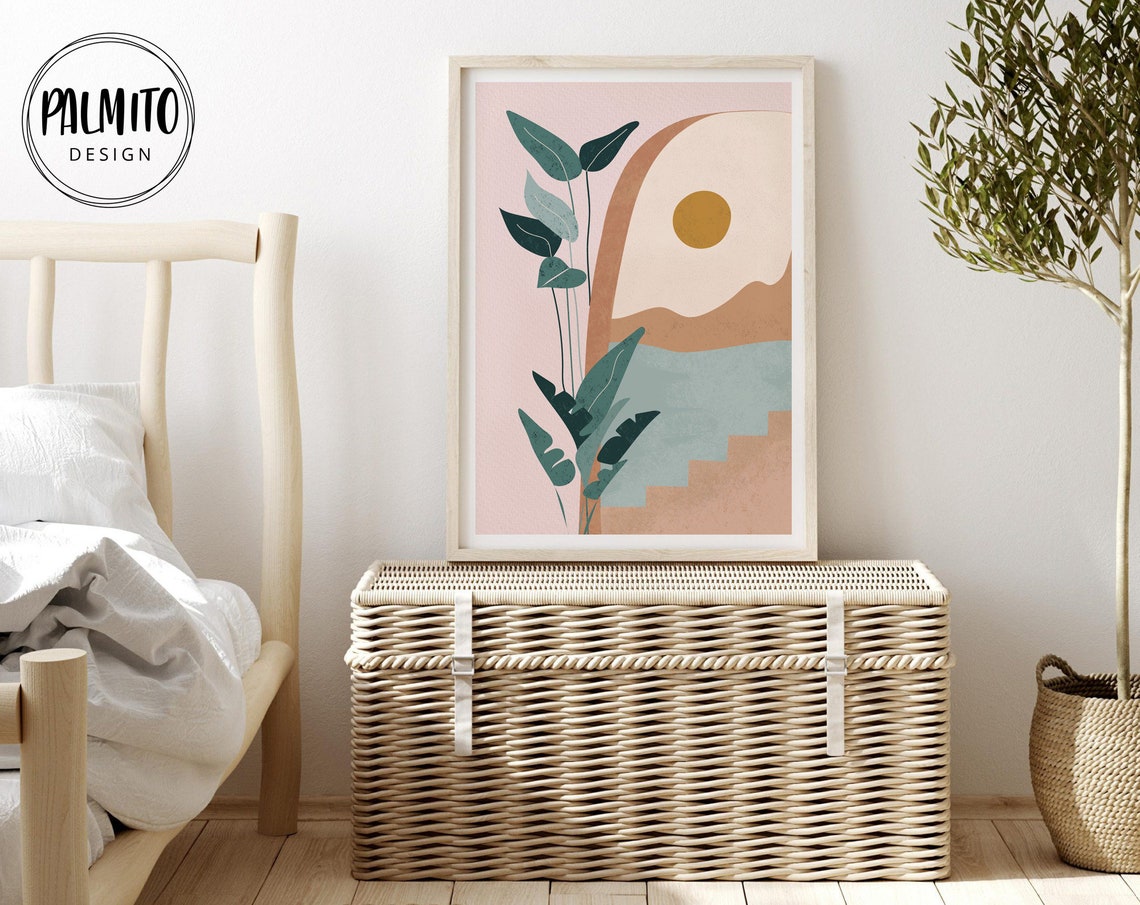Soft Neutral Boho Tropical Landscape Sun Sea Plants Muted Wall Art - Image 2