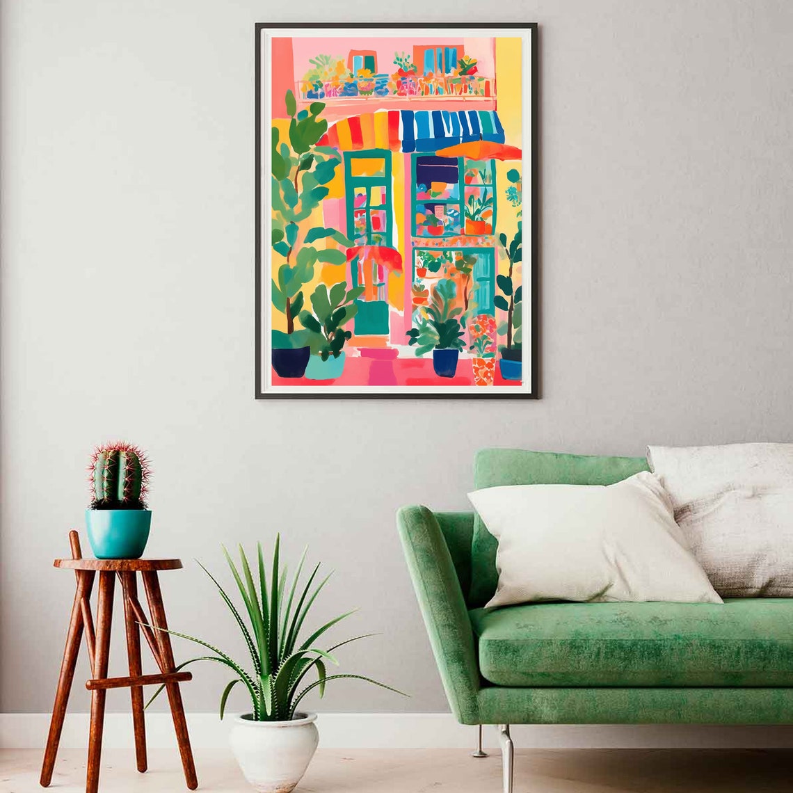 Colorful Plant Shop Storefront with Striped Awnings Art Poster - Image 2