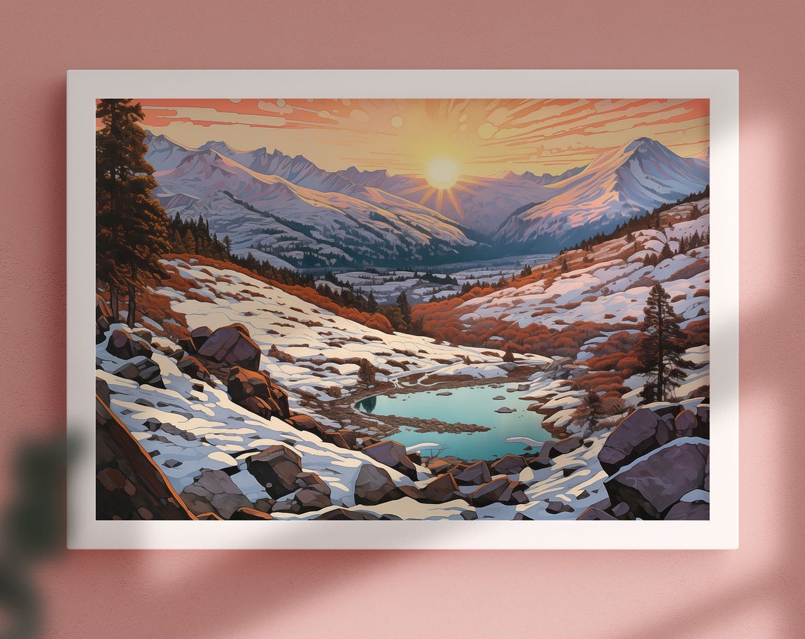 Winter Mountain Sunset Alpine Lake Snowy Peaks Landscape Wall Art