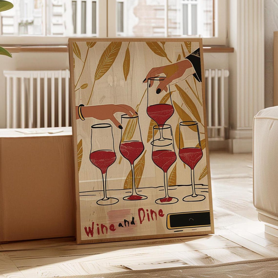 Wine and Dine Toast Hands Red Wine Glasses Hand Drawn Art Poster