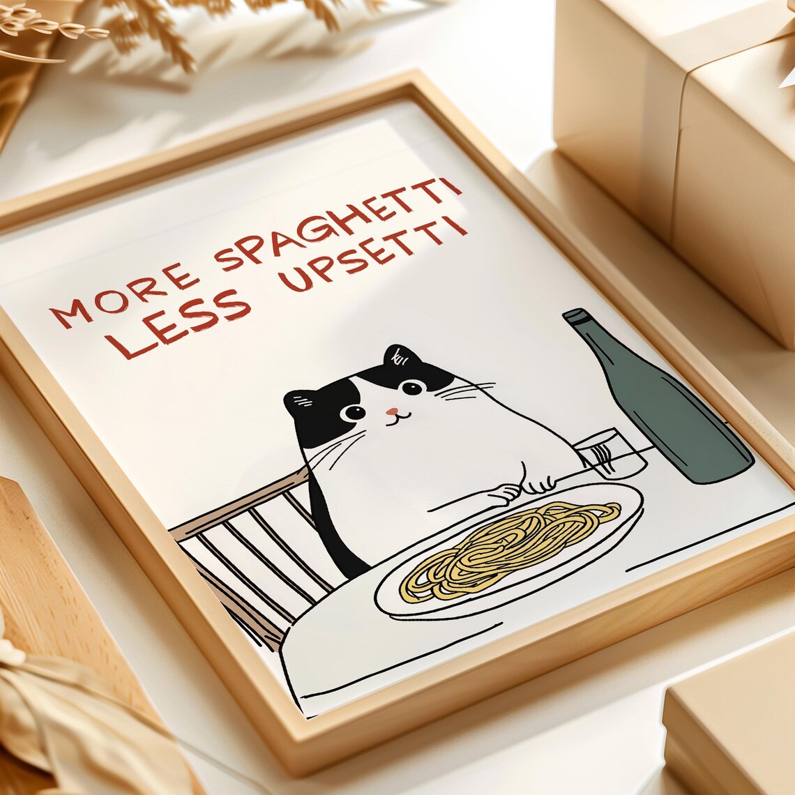 More Spaghetti Less Upsetti Cute Cat At Dinner Table Kitchen Art Poster - Image 3