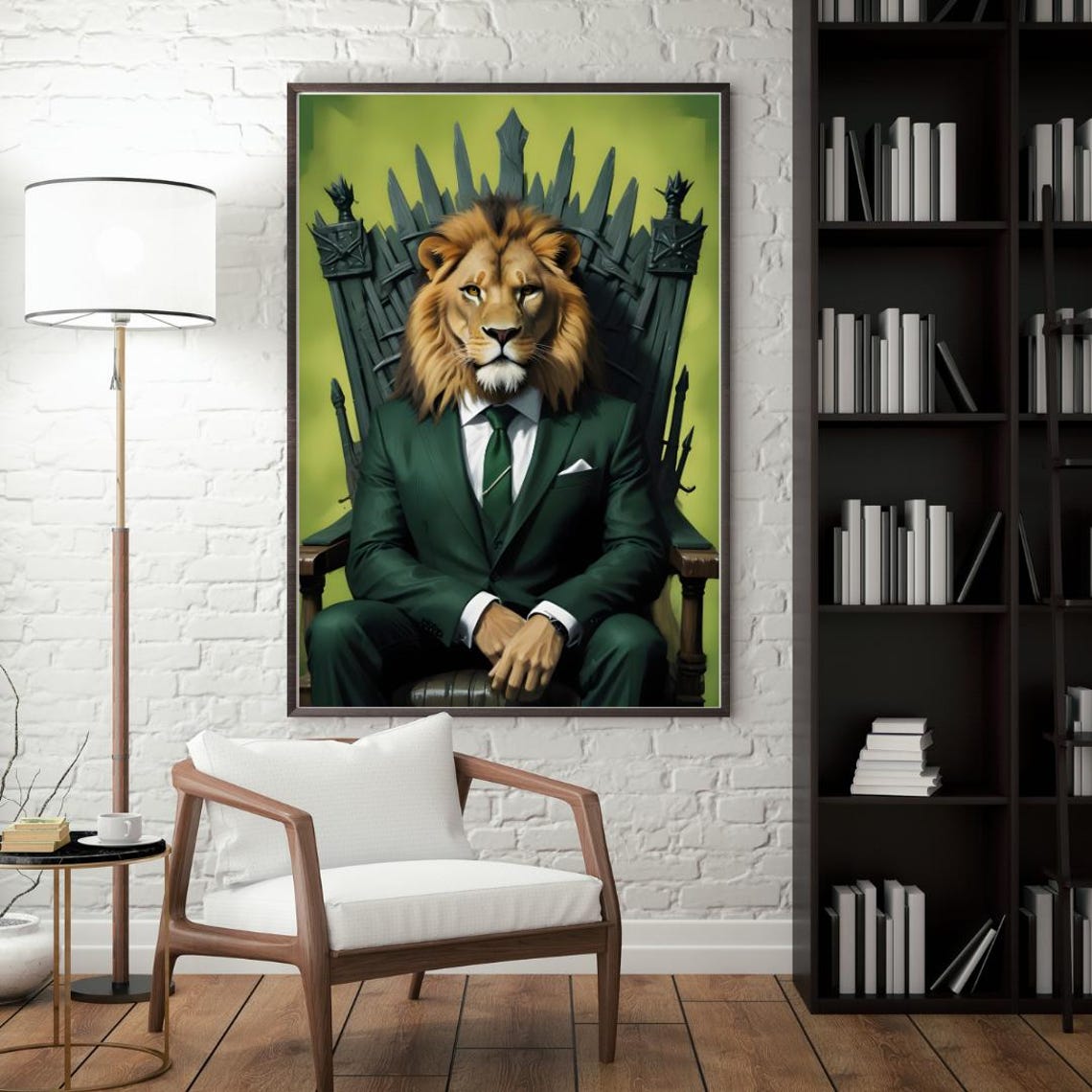 Majestic Lion in Green Suit, Modern Art Print - Image 5