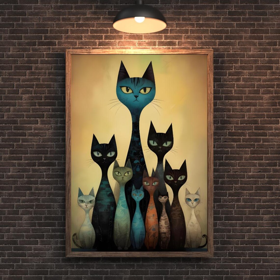 Whimsical Elongated Cat Family Group Folk Art Style Vintage Poster - Image 4