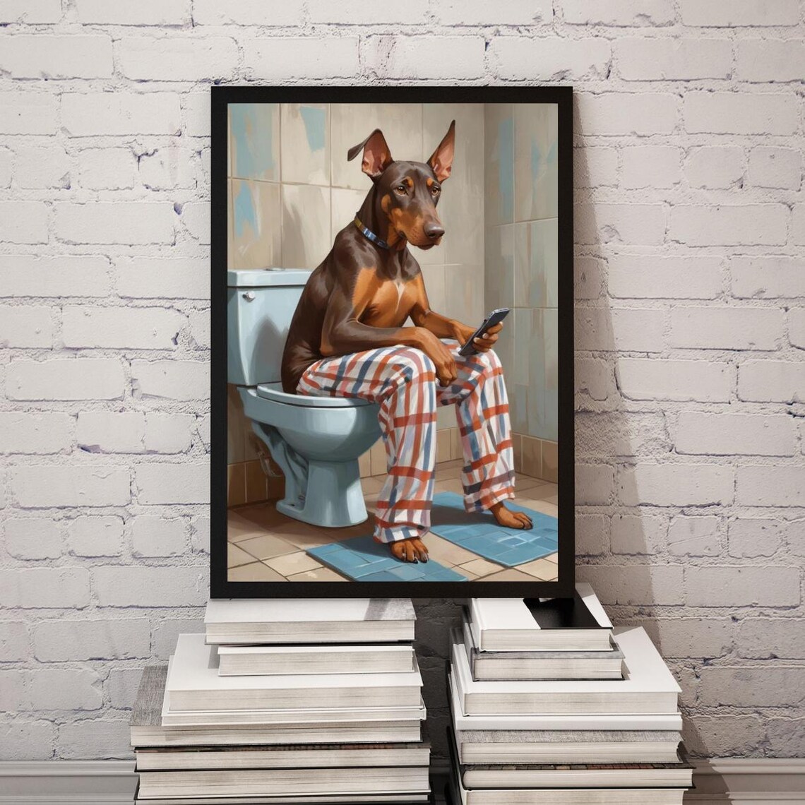Dog On Toilet In Striped Pajamas, Bathroom Humor