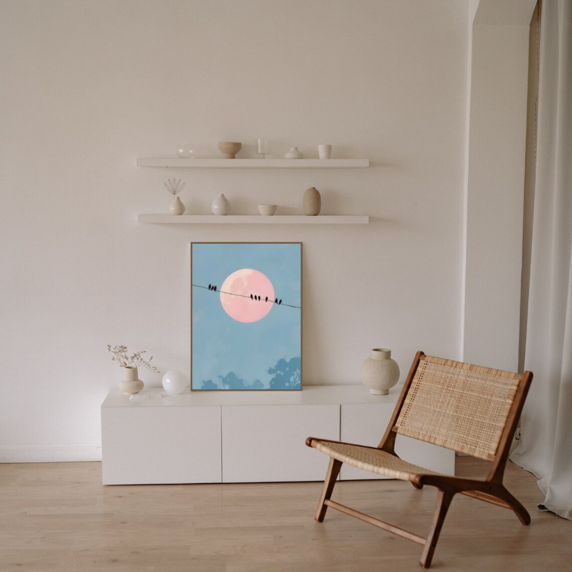 Birds On Wire, Minimalist Blue Sky Painting Decor - Image 3